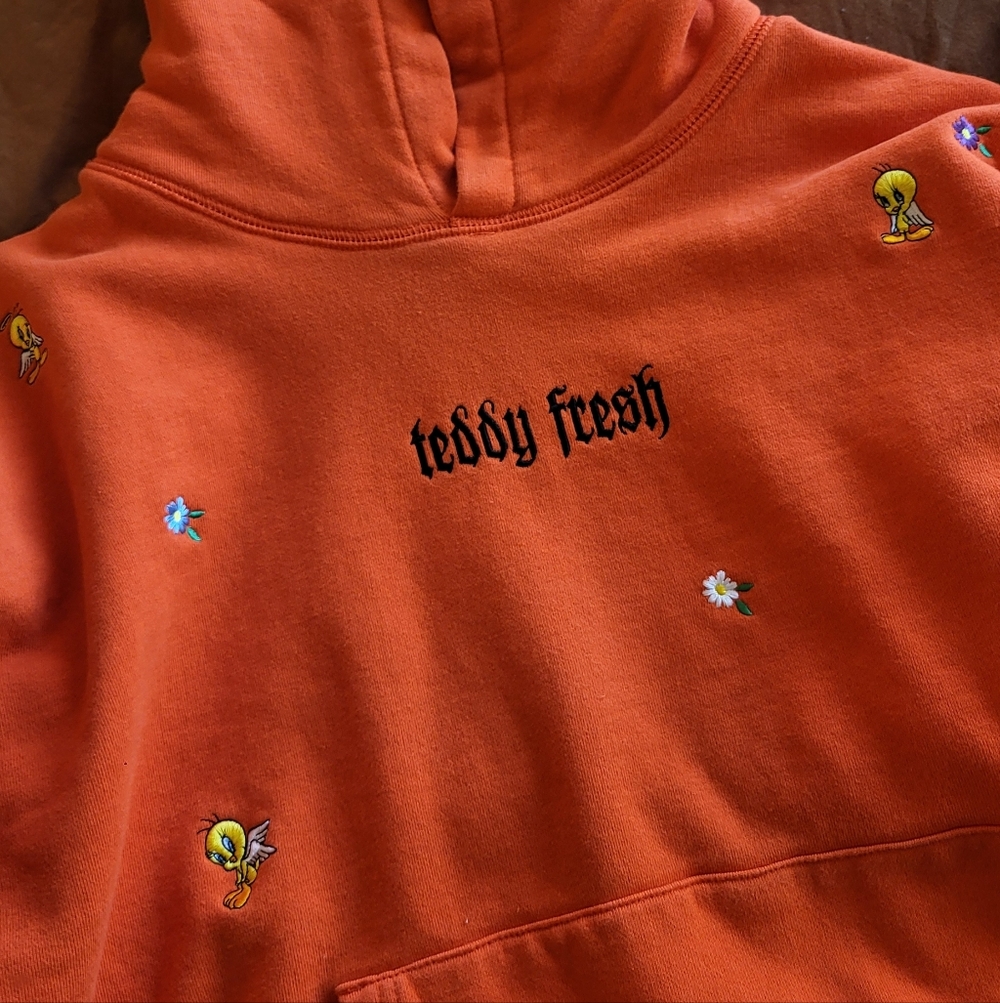 Looney Toons X Teddy Fresh Vibrant Orange Embroidered Cropped Hoodie Tweety Bird